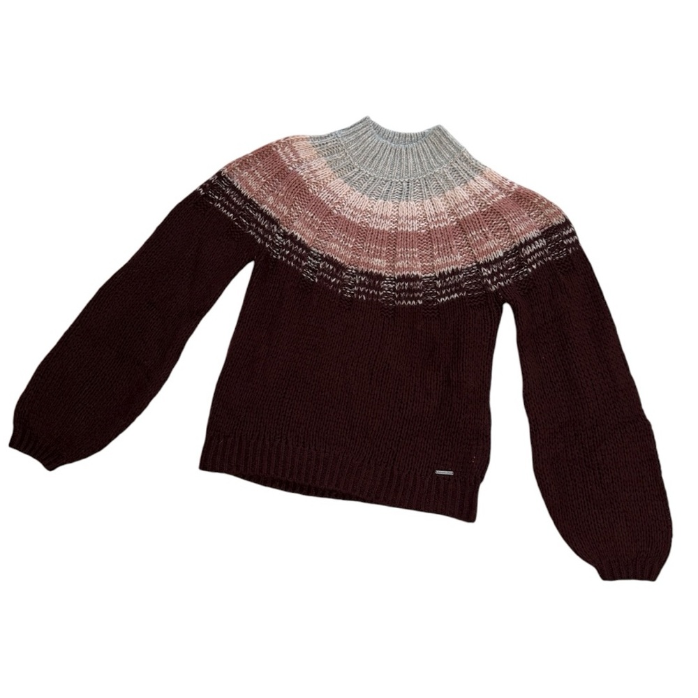 Abercrombie & Fitch Mock Neck Balloon Sleeve Sweater in Marroon/Gray/White - Picture 3 of 8